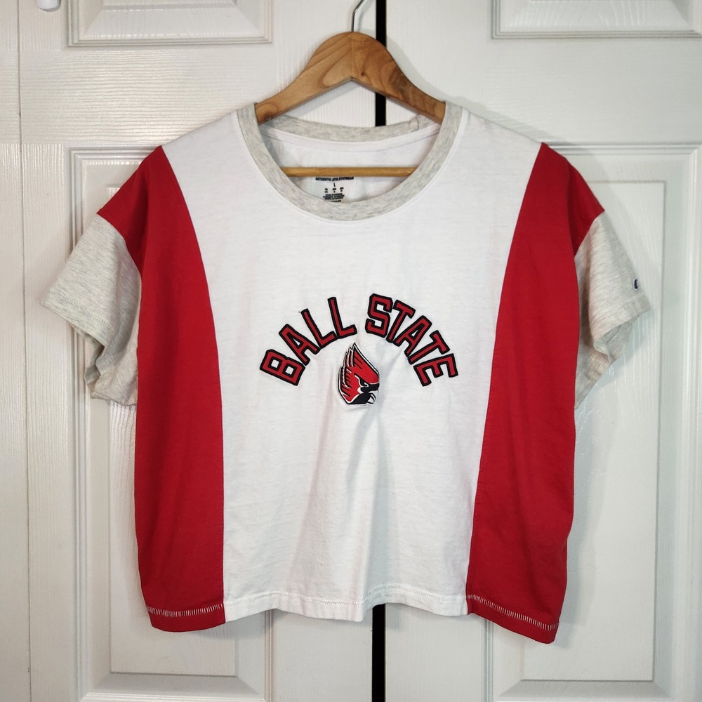 Champion Ball State Cardinals Womens Large Crop Top Colorblock Red White Boxy